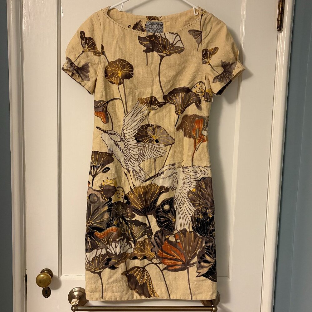 Floreat Anthropologie Snowy Egret bird print shift dress size 2 bird novelty